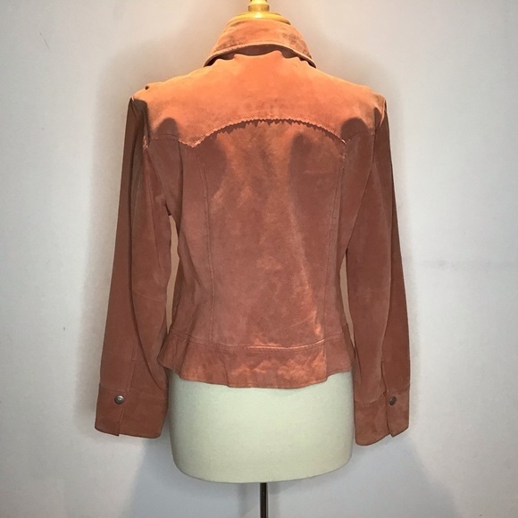 Vintage Y2K apricot suede moto style angled zipper lined scallop edge jacket L - Picture 8 of 14